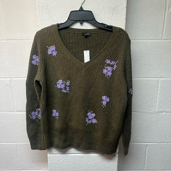 Talbots Olive V-Neck Sweater with Purple Floral Design - Picture 3 of 7